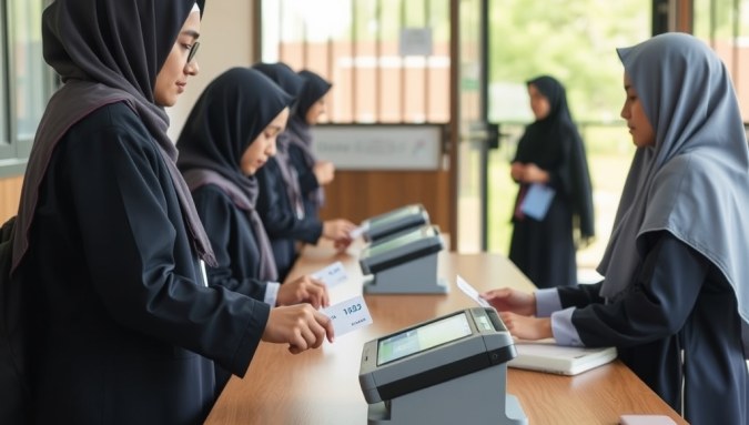 Mesin absensi digital pesantren dengan santri menempelkan kartu pintar di gerbang sekolah Islam