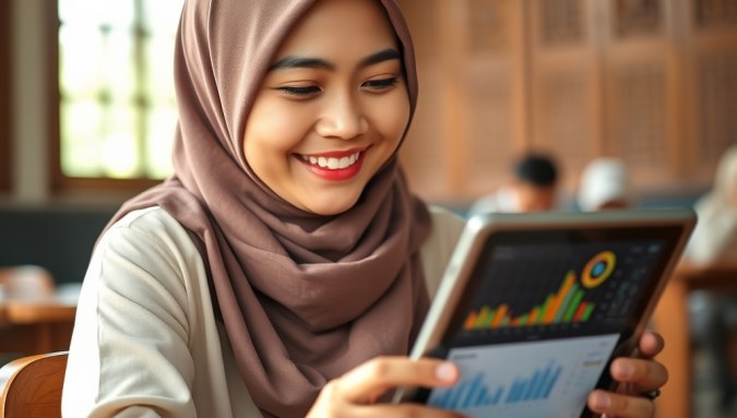 Bendahara pesantren memantau laporan keuangan pesantren digital melalui dasbor di tablet sambil tersenyum lega