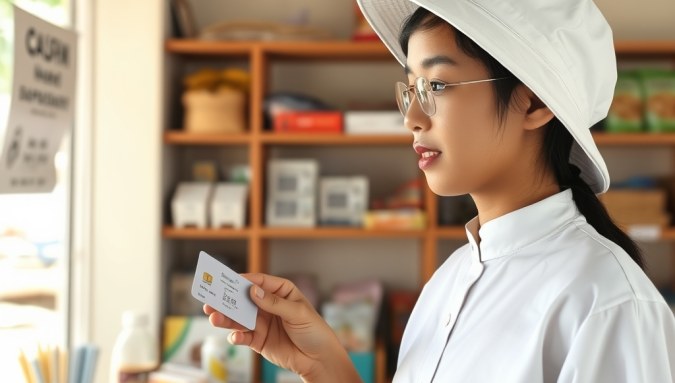 Seorang santri menggunakan kartu santri digital untuk transaksi cashless di koperasi pondok pesantren modern.