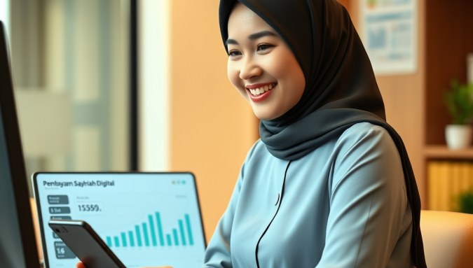 Bendahara pesantren meninjau dasbor pembayaran syahriah digital di komputer sambil memegang smartphone, menampilkan transparansi dan efisiensi administrasi keuangan pondok.